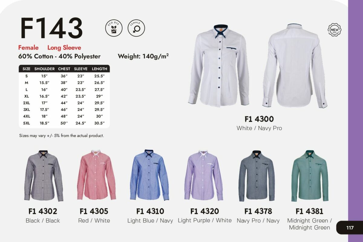 F143 Long Sleeve Cotton & Polyester 140gsm (Female) - CY Uniform ...