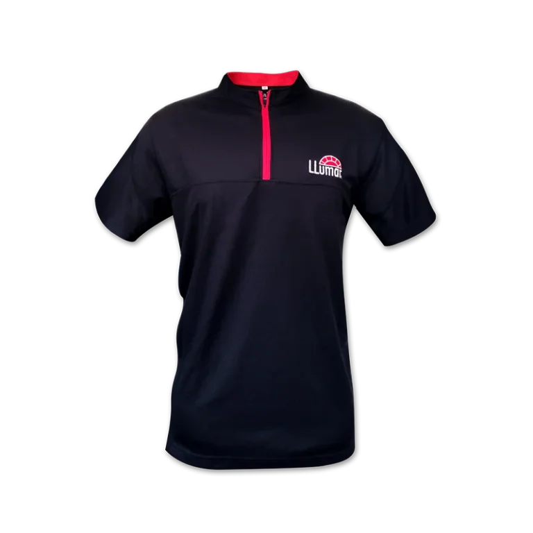 Custom-made black and red shirt showcasing a logo on the chest manufactured in Malaysia