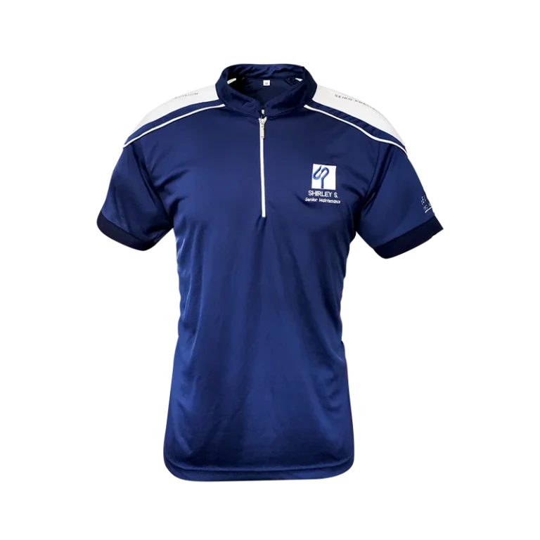 Custom-made blue and white shirt featuring a white logo manufactured in Malaysia