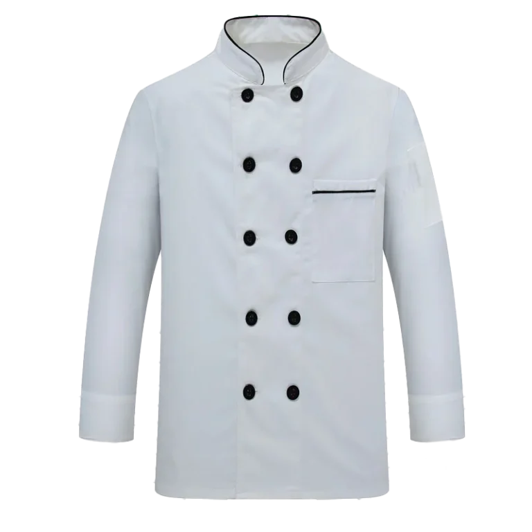 Custom-made long sleeve white chef uniform with front buttons manufactured in Malaysia