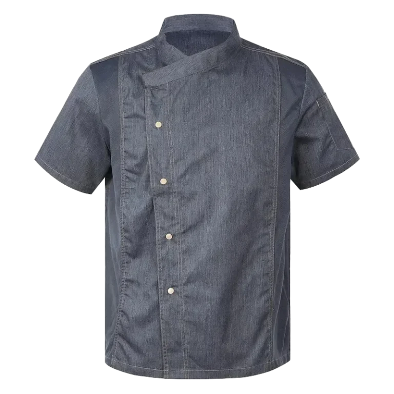 Custom-made grey chef uniform with buttons manufactured in Malaysia