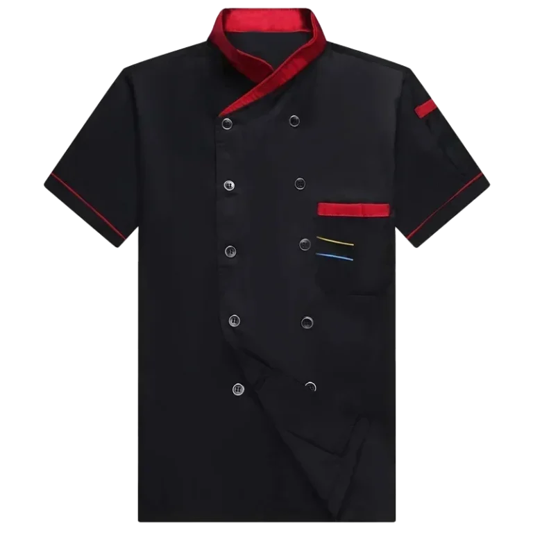 Custom-made black chef uniform with red trimming manufactured in Malaysia