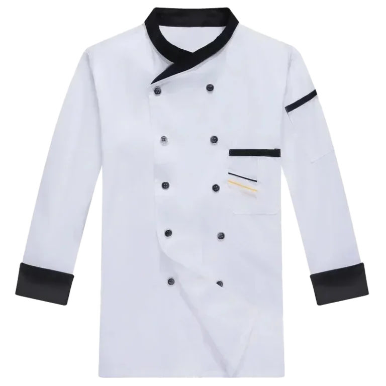 Custom-made white chef uniform with black trimming manufactured in Malaysia