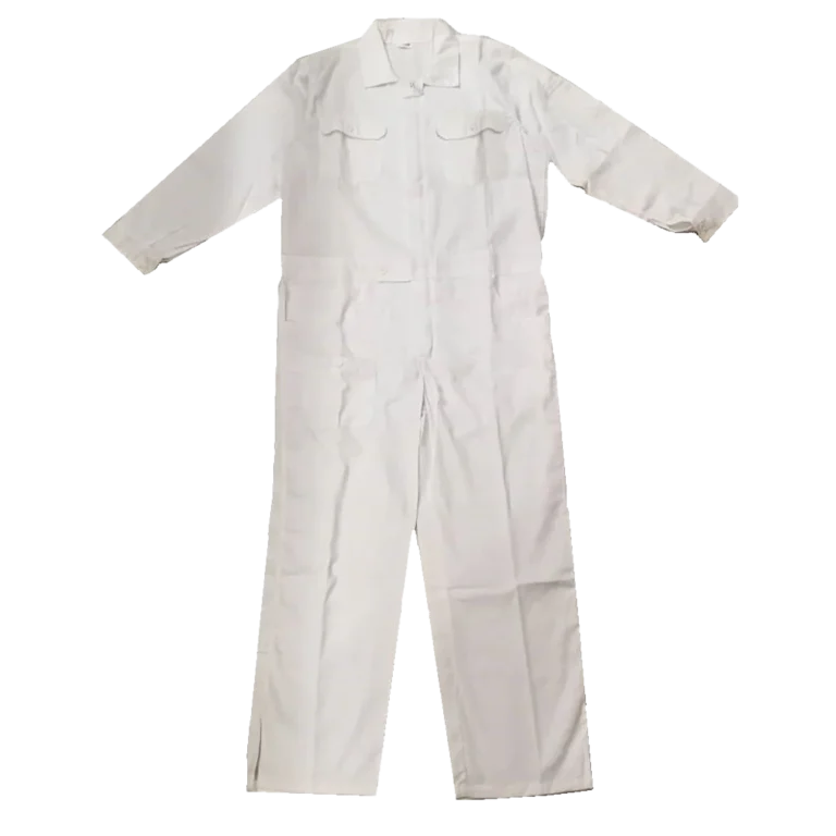 Custom-made white coveralls with front pockets designed for workwear uniforms in Malaysia
