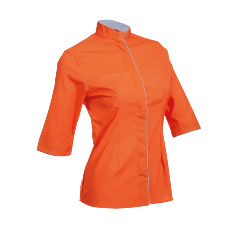 A vibrant orange uniform featuring a front zipper custom made by CY Uniform in Malaysia