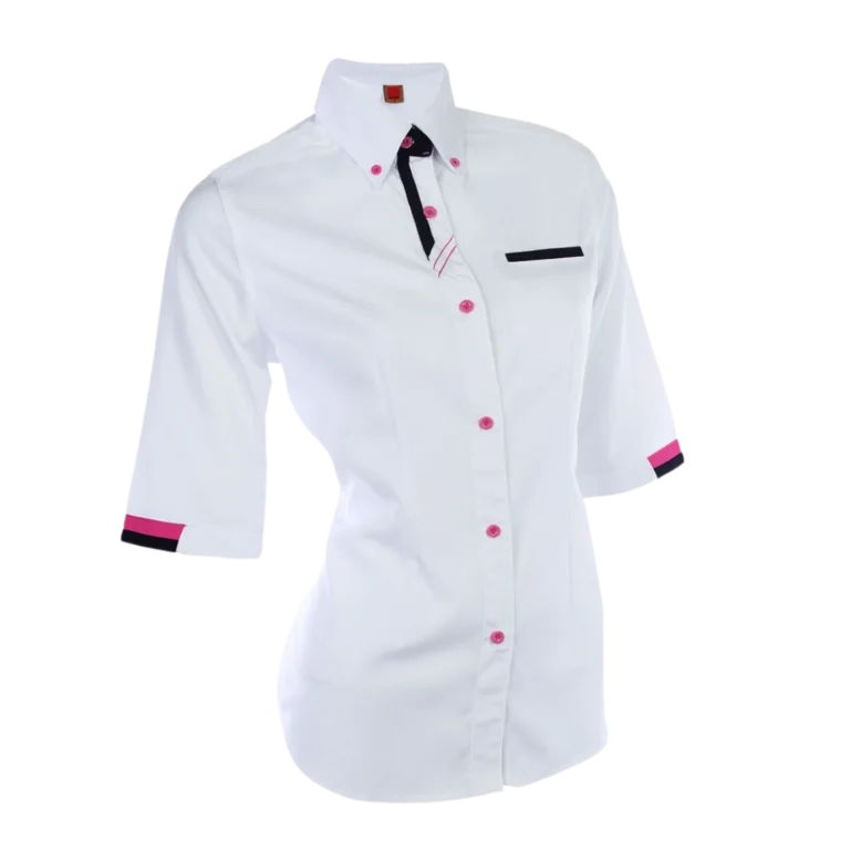 Custom-made white collar shirt featuring pink trimming manufactured by CY Uniform in Malaysia