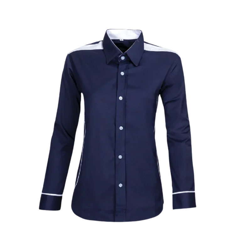 Custom-made navy shirt featuring white trimming manufactured by CY Uniform in Malaysia