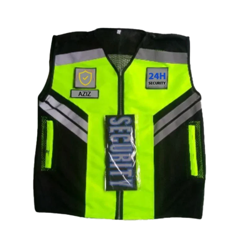 Custom-made yellow and black security vest featuring reflective stripes manufactured by CY Uniforms in Malaysia