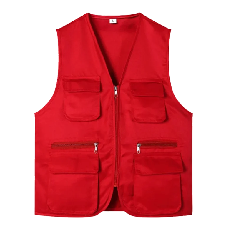Custom-made red vest with front pockets manufactured by CY Uniforms in Malaysia