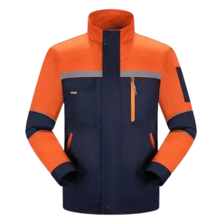Custom-made orange and blue workwear uniform featuring reflective detailing manufactured by CY Uniform in Malaysia