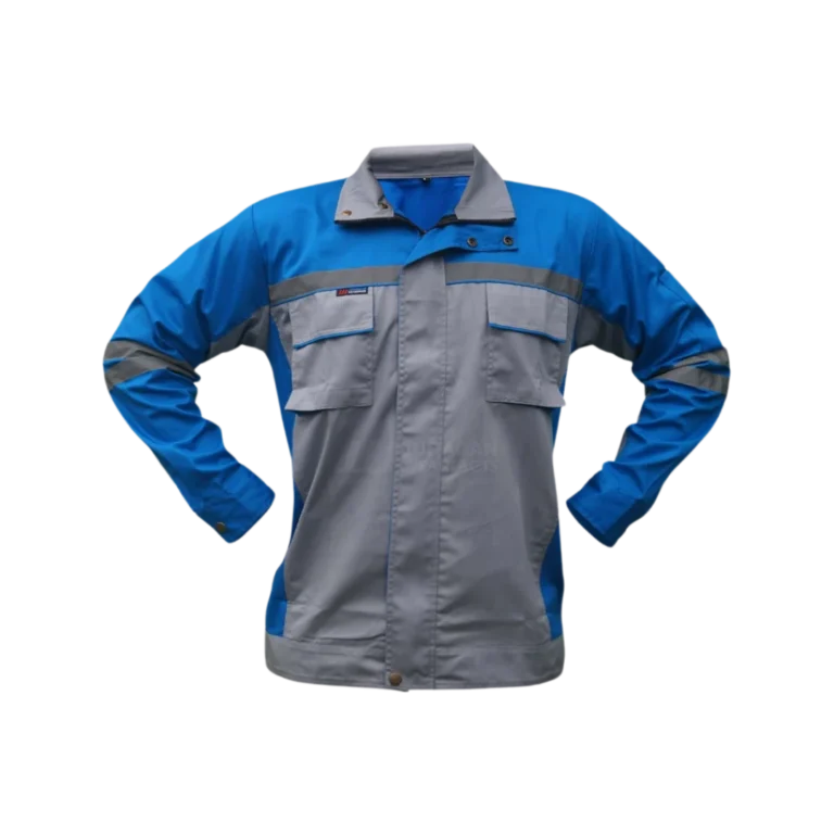 Custom-made blue and grey work shirt featuring two pockets on the chest manufactured in Malaysia