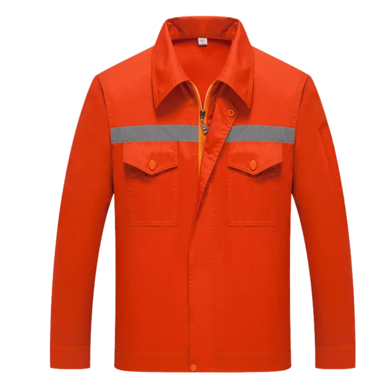 Custom-made orange work jacket featuring reflective stripes designed for workwear uniform in Malaysia