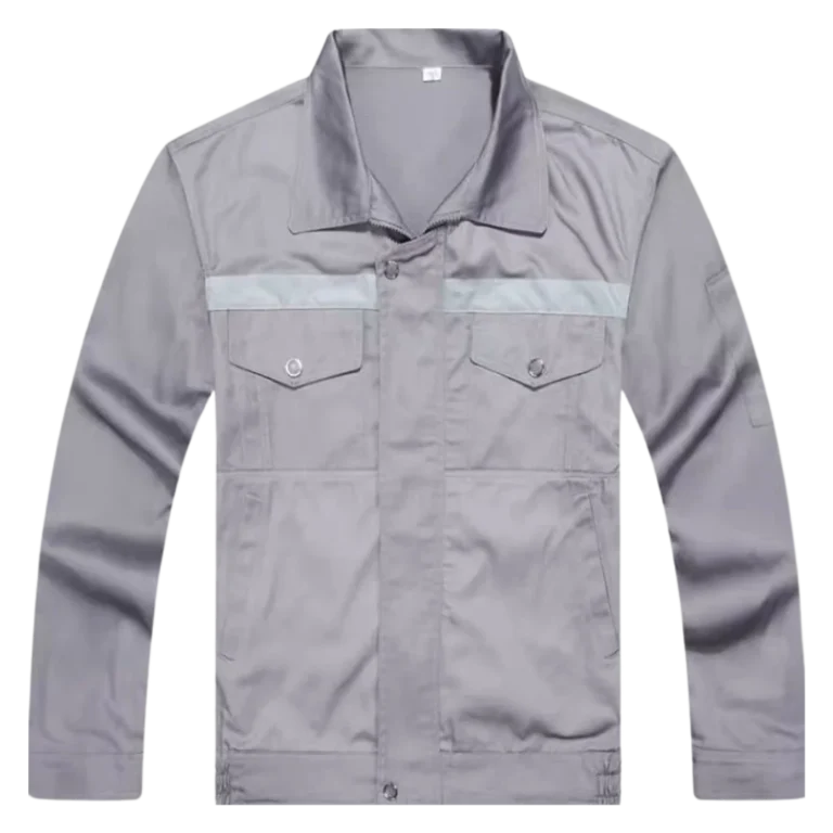 Custom-made grey work jacket featuring two practical pockets designed for workwear uniform in Malaysia