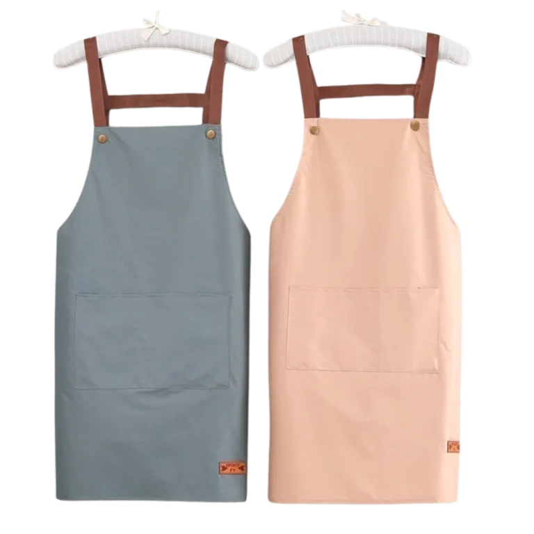 Custom-made grey and pink apron with brown straps manufactured by CY Uniforms in Malaysia