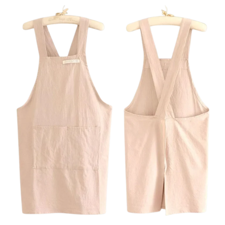 Front and back view of custom-made pink apron manufactured by CY Uniforms in Malaysia