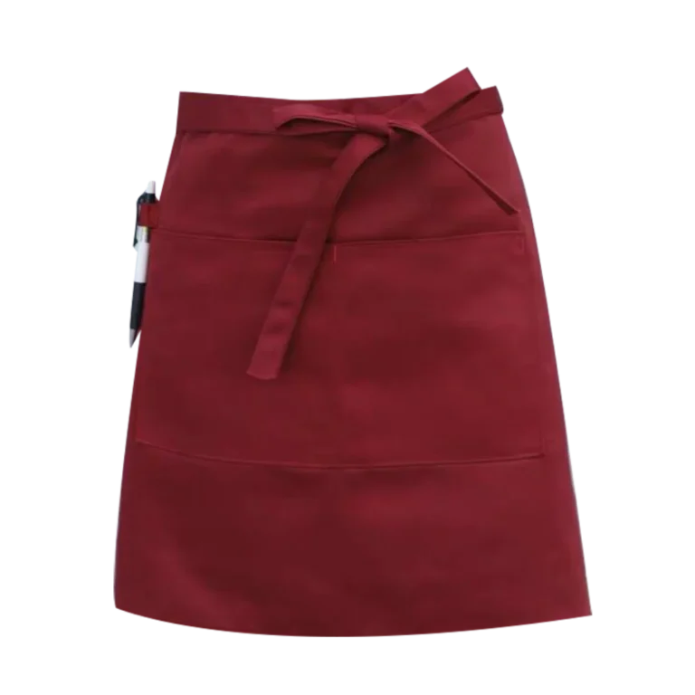 A custom-made red half-apron manufactured by CY Uniforms in Malaysia