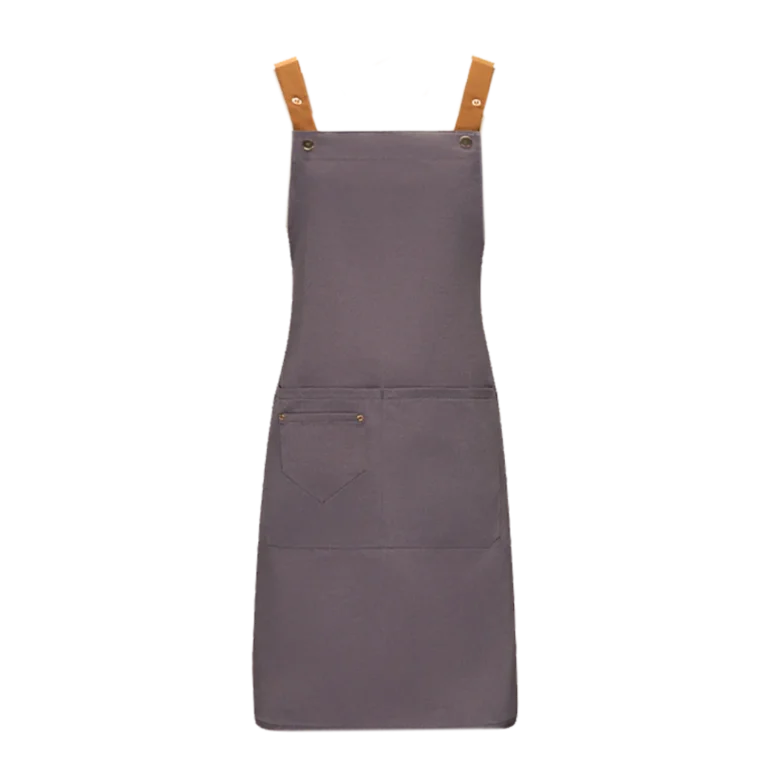 A custom-made grey apron featuring brown straps designed for kitchen wear uniform in Malaysia