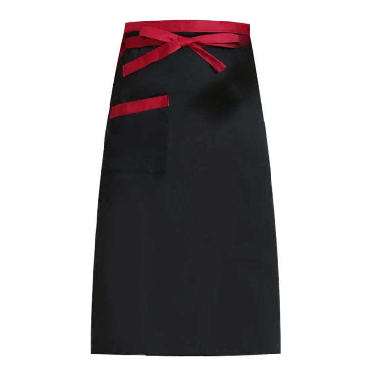 A custom-made black apron with red trim manufactured by CY Uniforms in Malaysia