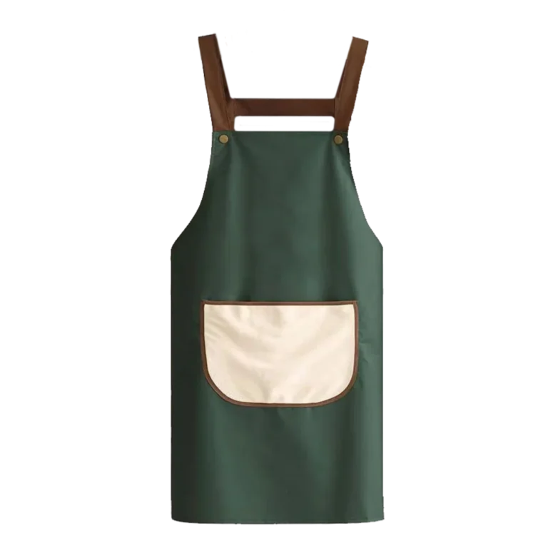 A custom-made green apron with brown straps manufactured by CY Uniforms in Malaysia