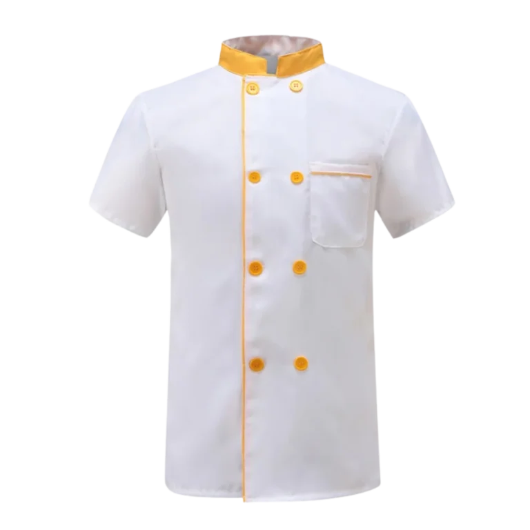 Custom-made white short sleeve chef uniform with orange buttons manufactured by CY Uniform in Malaysia