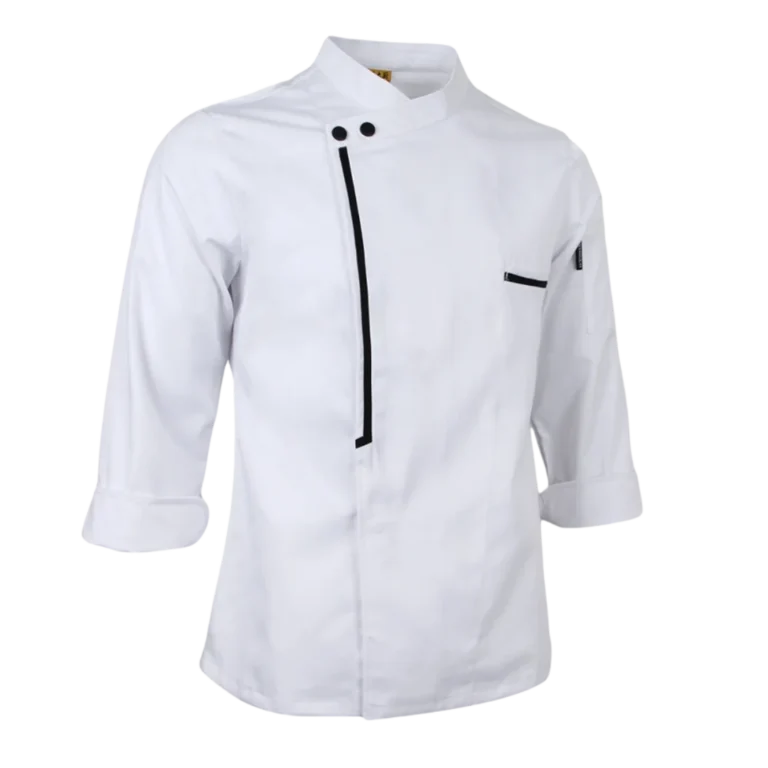Custom-made white chef uniform with a half-sleeve manufactured in Malaysia