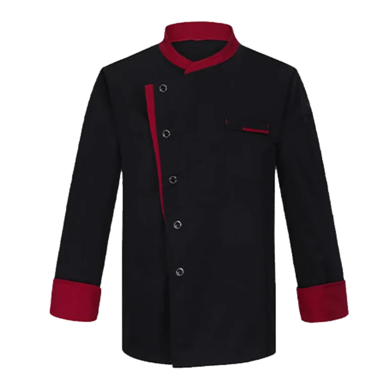 Custom-made black chef uniform with red trimming manufactured by CY Uniform in Malaysia