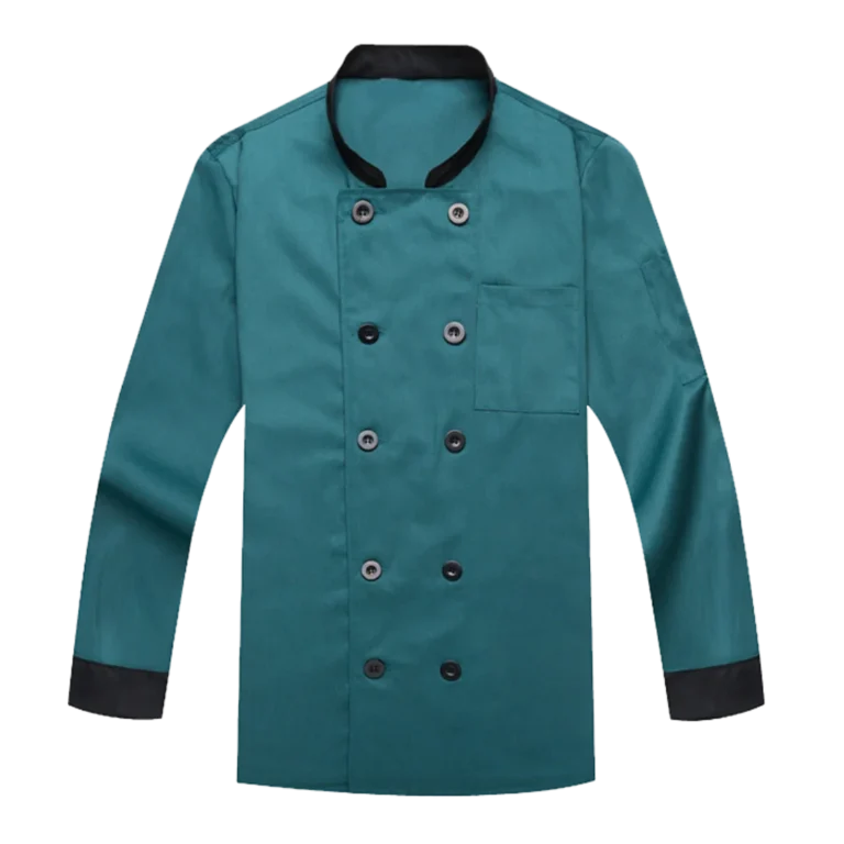 Custom-made green chef uniform with buttons manufactured in Malaysia