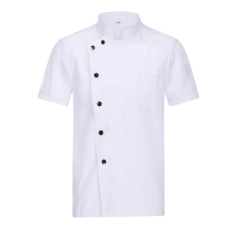 Custom-made white chef uniform with black buttons manufactured in Malaysia