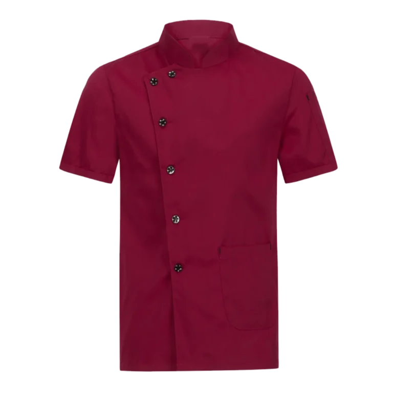 Custom-made red chef uniform with buttons manufactured by CY Uniform in Malaysia
