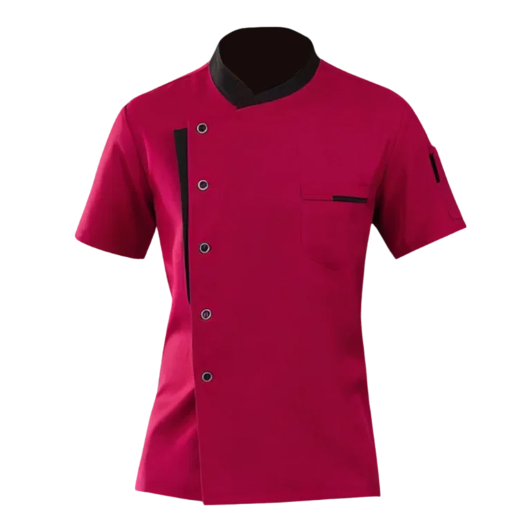 Custom-made red chef uniform for women manufactured in Malaysia