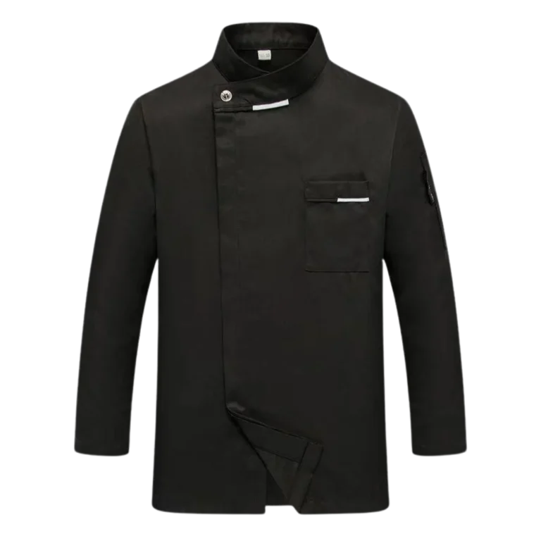 A custom-made black chef uniform featuring a front pocket manufactured by CY Uniforms in Malaysia