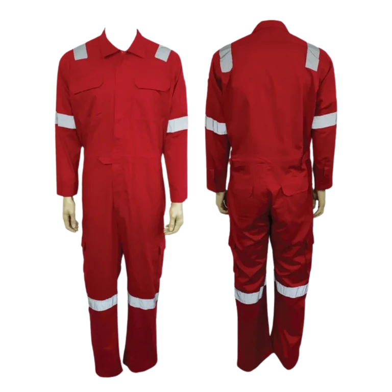 Front and back view of custom-made red coveralls featuring reflective stripes manufactured by CY Uniforms in Malaysia
