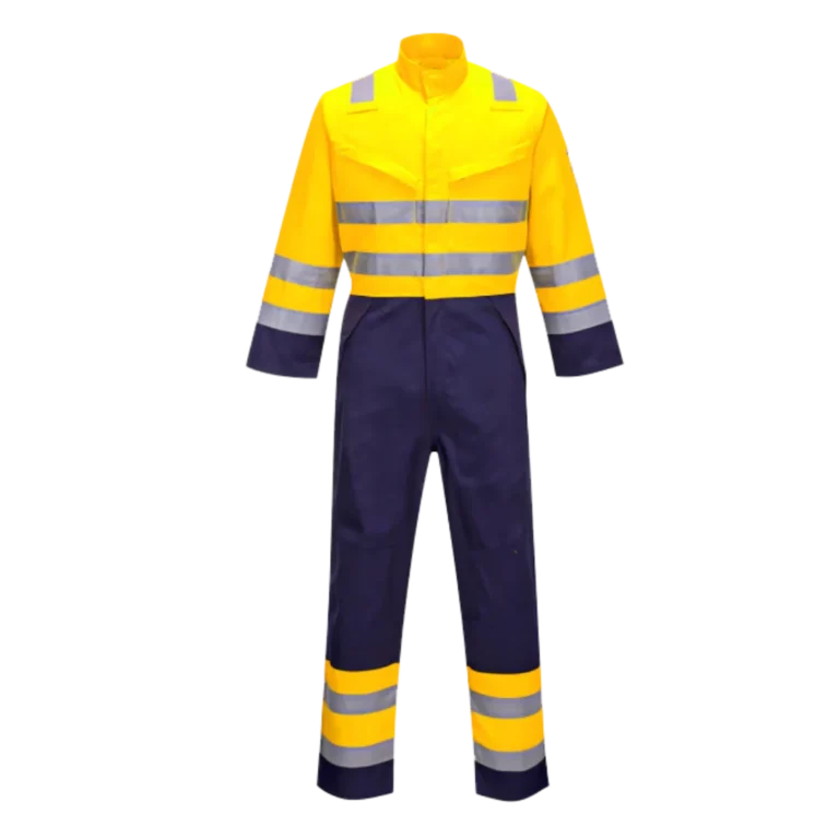 Custom-made yellow and dark blue coveralls with reflective stripes manufactured by CY Uniforms in Malaysia