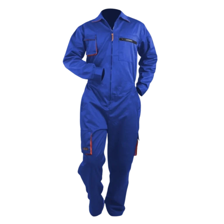 Custom-made blue coveralls featuring pockets manufactured by CY Uniforms in Malaysia