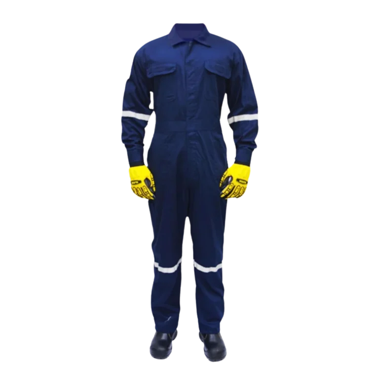 Custom-made navy blue coveralls with yellow gloves designed for workwear uniforms in Malaysia