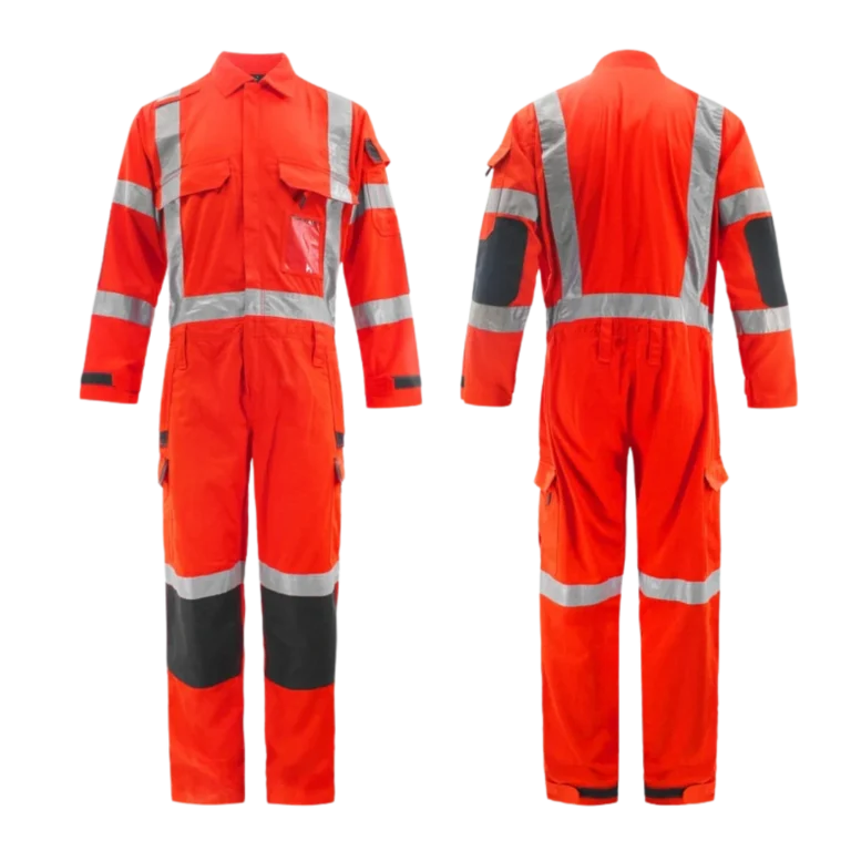 Front and back view of custom-made orange safety coveralls manufactured by CY Uniforms in Malaysia