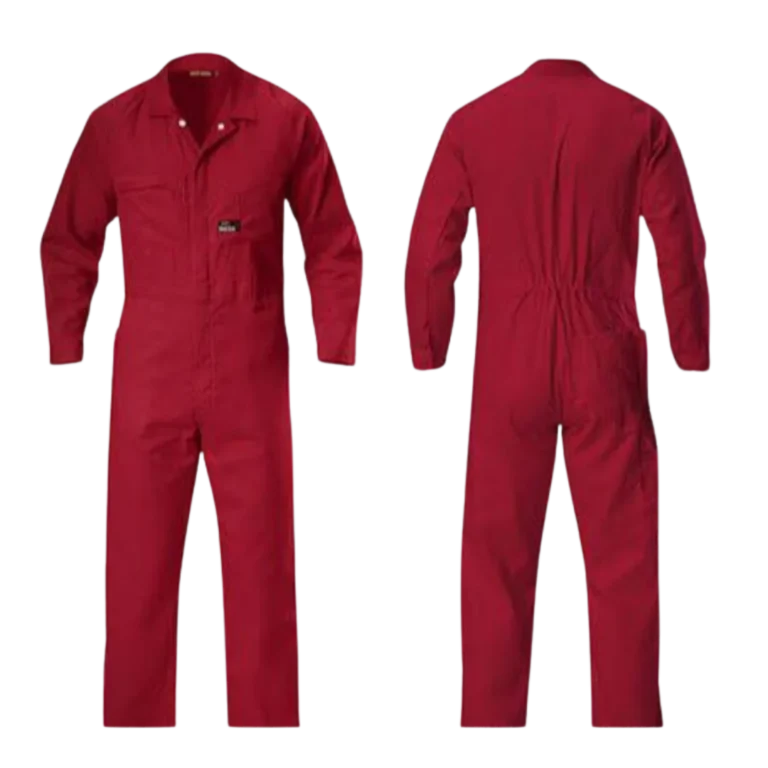 Front and back view of custom-made red coveralls designed for workwear uniforms in Malaysia