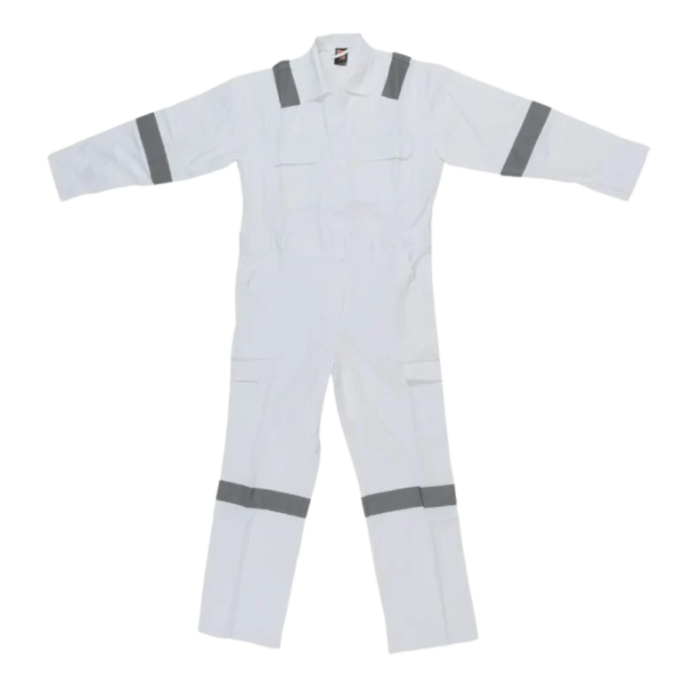 Custom-made white coveralls with grey stripes manufactured by CY Uniforms in Malaysia