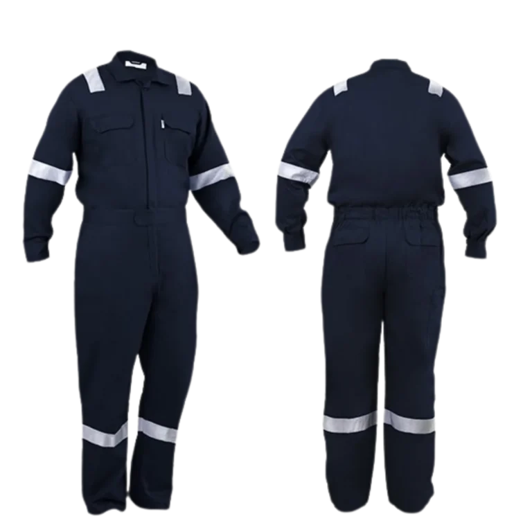 Front and back view of custom-made dark blue coveralls manufactured by CY Uniforms in Malaysia