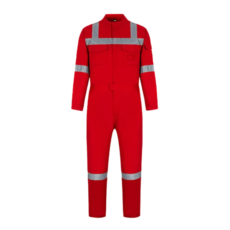 Custom-made red coveralls with reflective stripes manufactured by CY Uniforms in Malaysia