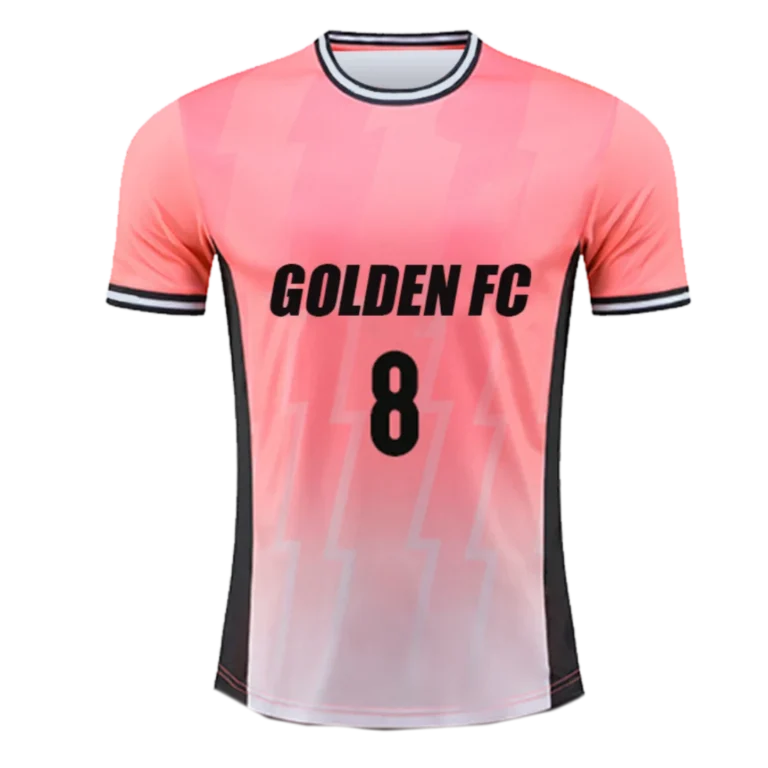 Custom-made pink jersey uniform featuring team and number at the front manufactured in Malaysia