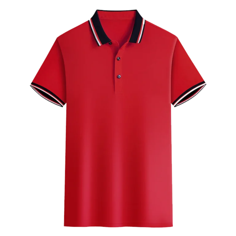 A custom-made red polo shirt featuring black trimming manufactured by CY Uniform in Malaysia