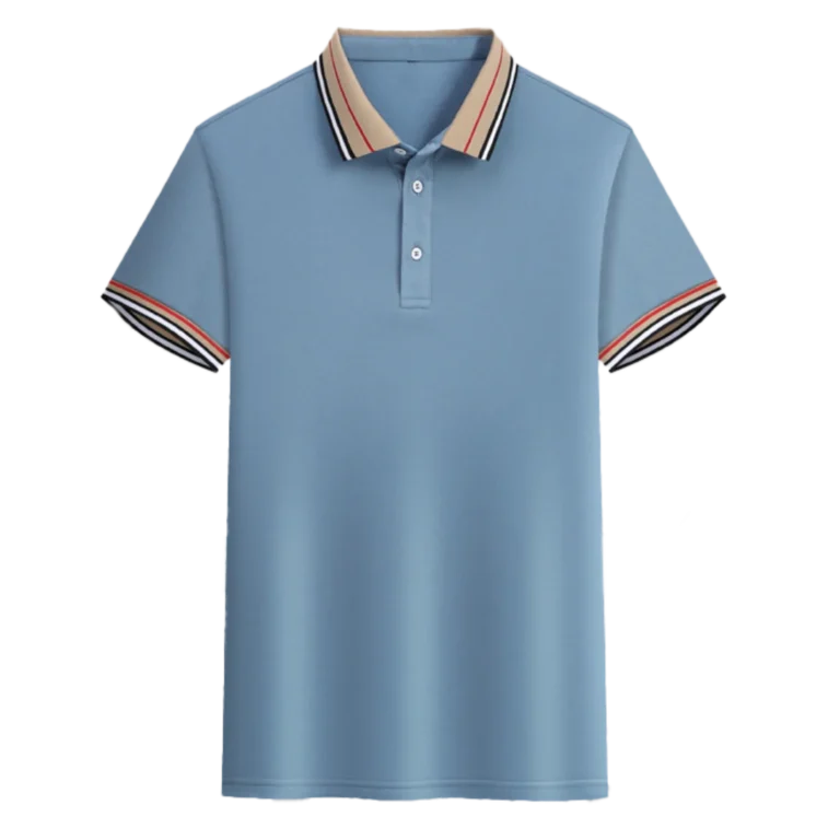 Custom-made blue polo shirt featuring a stylish striped collar manufactured by CY Uniform in Malaysia