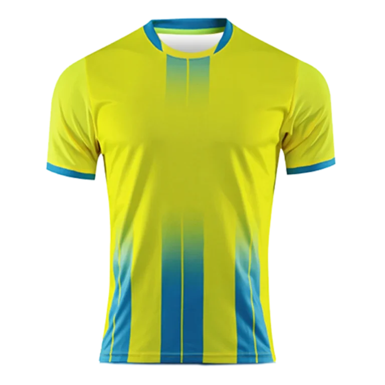 A custom-made yellow and blue soccer uniform featuring blue stripes manufactured by CY Uniform in Malaysia