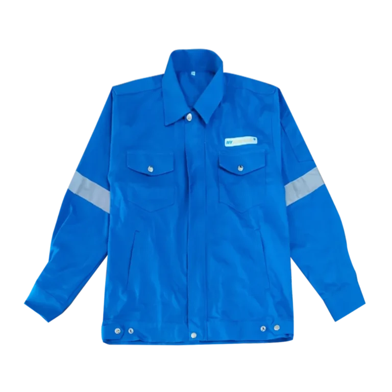 Custom-made light blue workwear uniform featuring reflective stripes manufactured in Malaysia