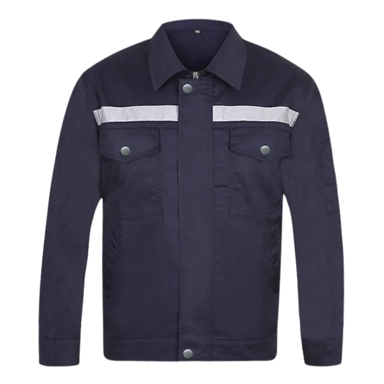 Custom-made navy blue workwear uniform featuring reflective stripes manufactured by CY Uniform in Malaysia