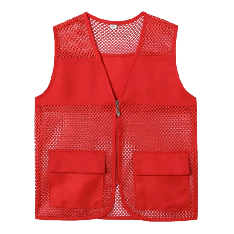 Custom-made red vest featuring mesh pockets manufactured by CY Uniforms in Malaysia