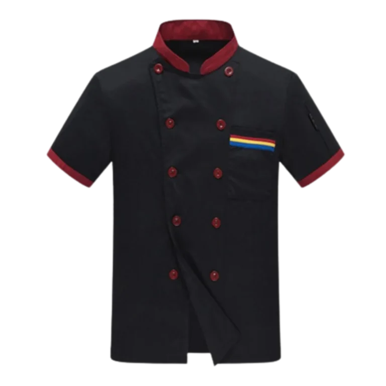 Custom-made short sleeve black chef uniform with red buttons manufactured in Malaysia