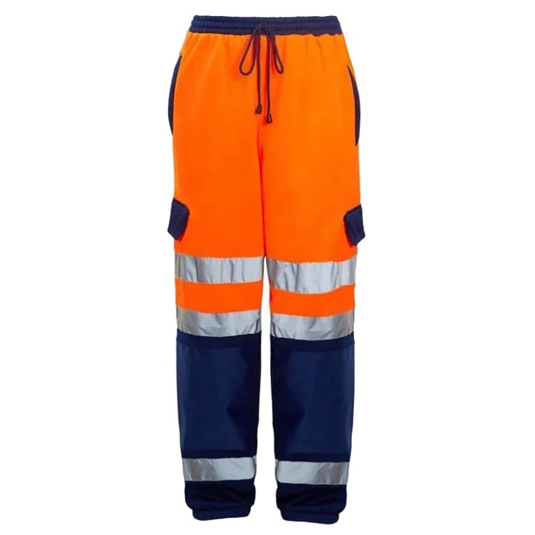 Custom-made orange and navy safety pants featuring reflective tape designed for work uniforms in Malaysia