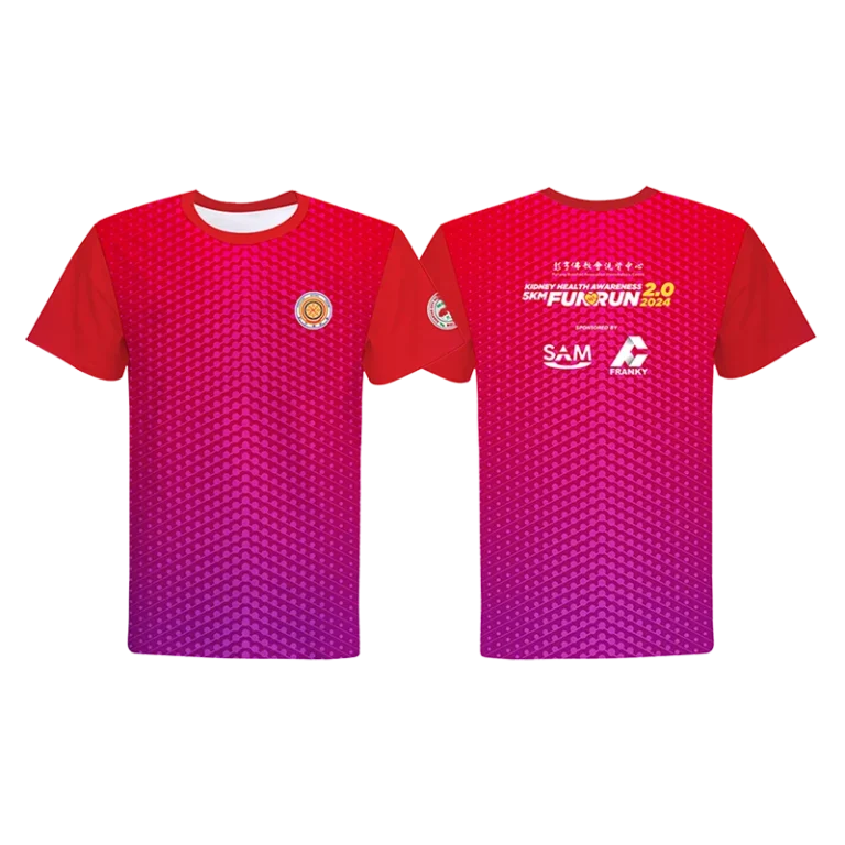 Custom-made red and purple t-shirt featuring the team's logo manufactured by CY Uniform in Malaysia